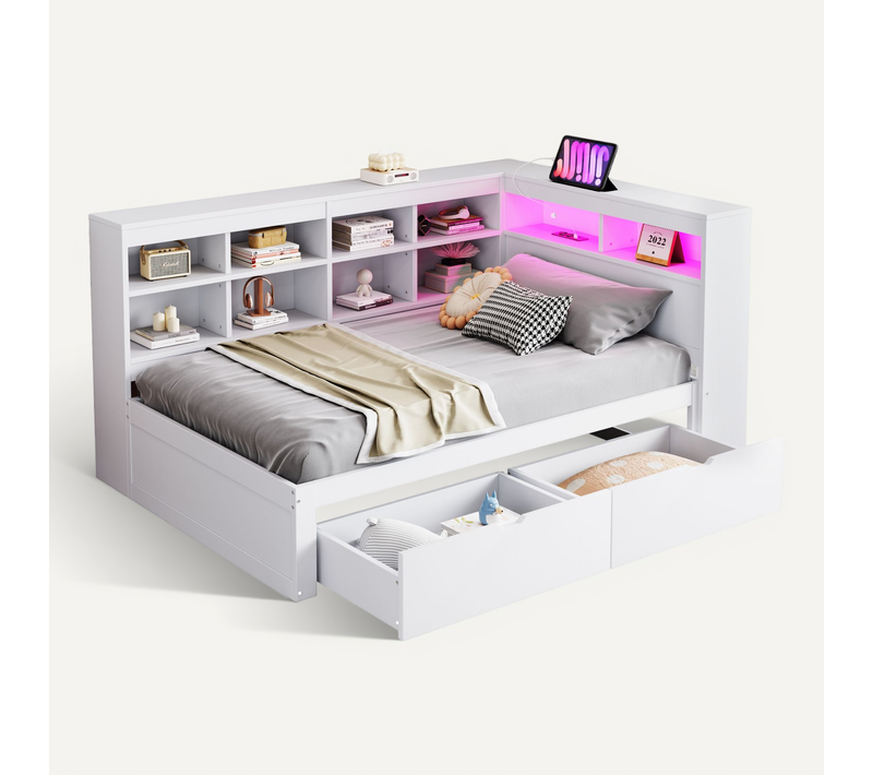 Lit Banquette Enfant 90x200 Cm - Rangement Et Prise USB, LED Intégrée, Multifonction, Blanc