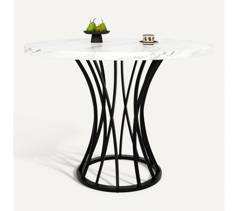 Table Ronde, Pieds Noirs, Plateau Mdf Marbre – Noir Et Blanc, Style Moderne