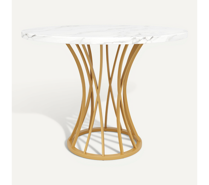 Table Ronde, Pieds Dorés, Plateau Mdf Marbre – Or Et Blanc, Style Moderne