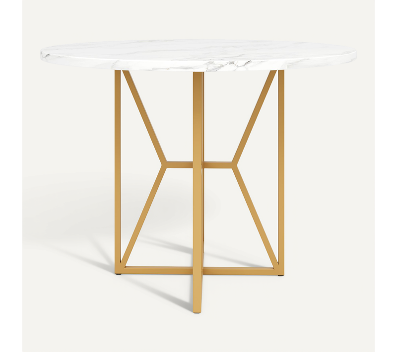 Table à Manger Ronde Avec Pieds En Métal Doré Et Plateau Mdf Effet Marbre – Or Et Blanc