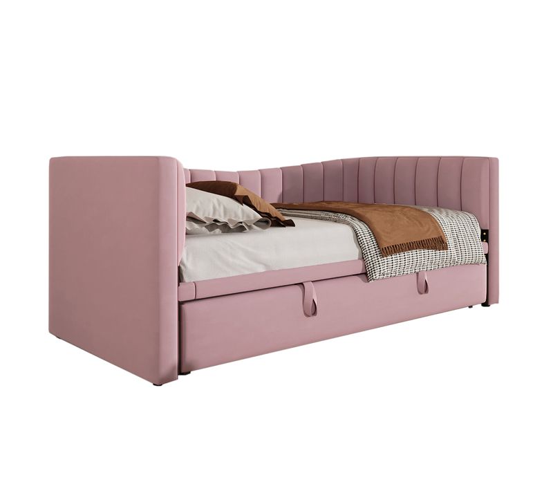 Lit Gigogne 90×200 Cm Et 90×190 Cm, Banquette Convertible, Style Minimaliste, Velours, Rose