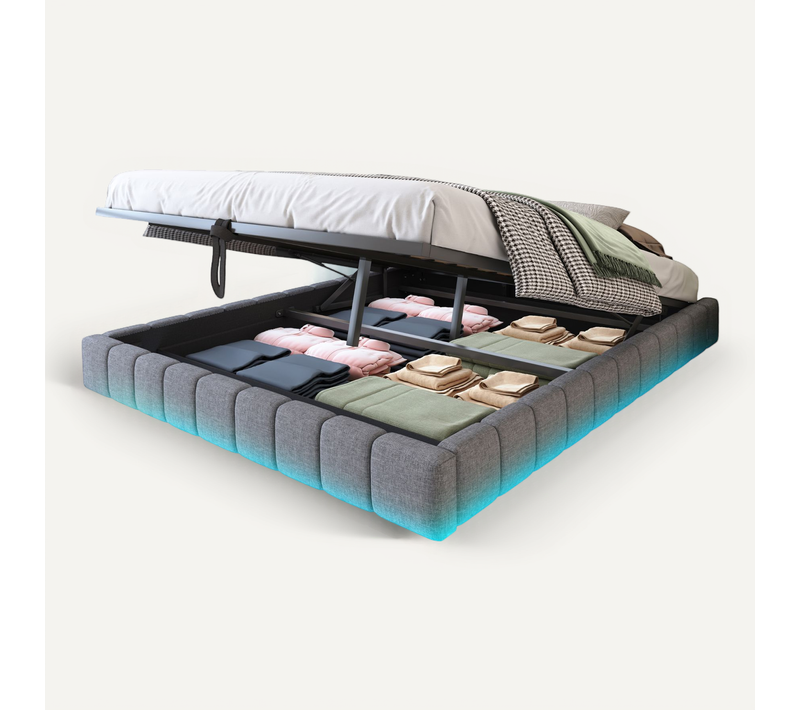 Lit Coffre 160x200 Cm Double Tissu Gris Avec Sommier Relevable, Rangement, Bande LED