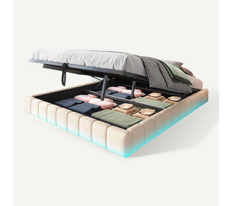 Lit Coffre Double 160x200 Cm - Sommier à Ressorts Et Rangement Intégré, LED Incluse, Lin Beige