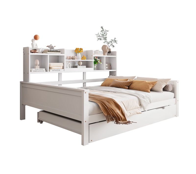 Lit Gigogne 90x190/140x200 Cm Avec Lit Tiroir Et Rangement, Sommier à Lattes, Bois Blanc