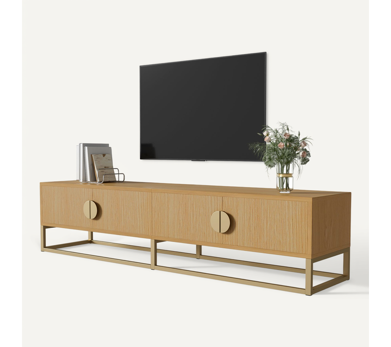 Meuble TV Moderne, 4 Portes, Poignées Demi-lune, Soft-close, Détails Dorés, Mdf/panneaux, Bois