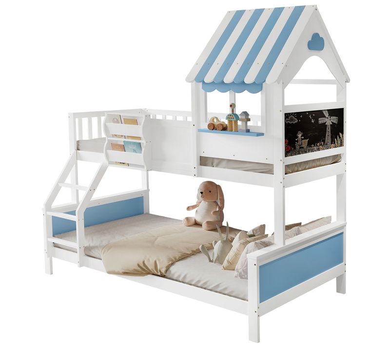 Lit Superposé 90x200 et 120x200 Cm Cabane Avec Toit, Rangement Intégré, Pin et Mdf, Blanc/bleu
