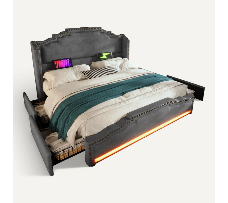 Lit 160x200 Cm Double Ado Avec 4 Tiroirs, Bande LED, USB-c, Velours Gris