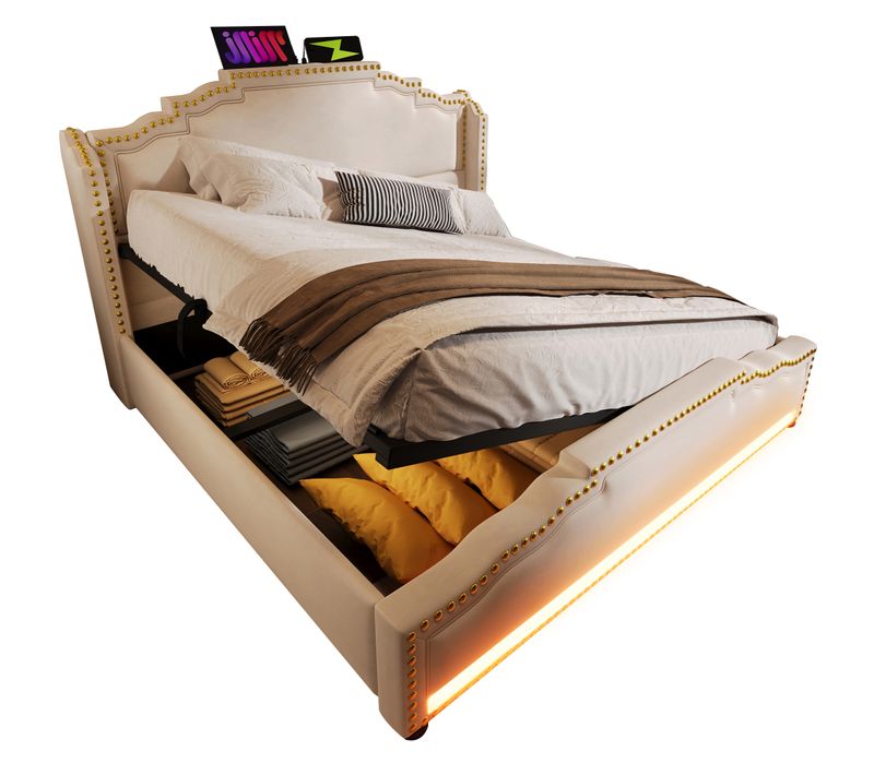 Lit Coffre Double Capitonné 160x200 Cm, LED, Télécommande, USB Type-c, Métal, Bois, Velours Beige