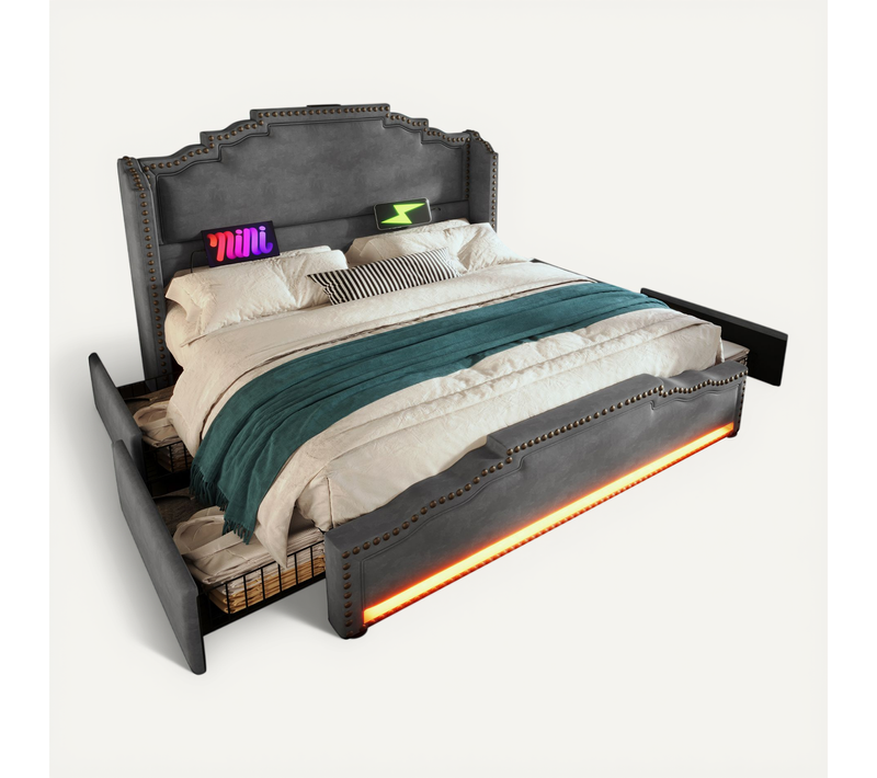 Lit 180x200 Cm Double Ado Avec 4 Tiroirs, Bande LED, USB-c, Velours Gris