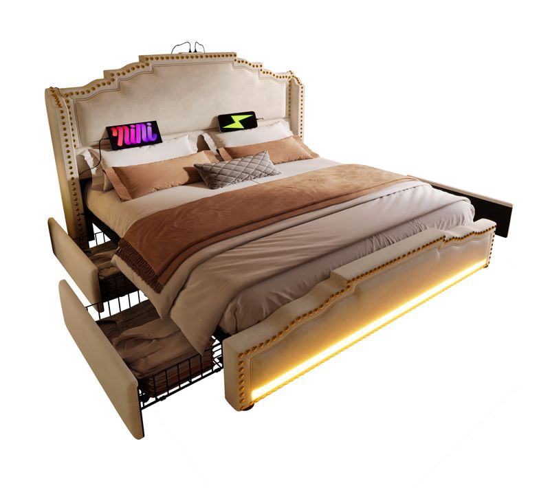 Lit 180x200 Cm Double Ado Avec 4 Tiroirs, Bande LED, USB-c, Velours Beige