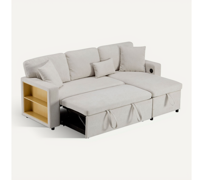 Canapé D’angle Convertible Avec Coffre De Rangement Et étagère Intégrée - Tissu Oxford, Blanc