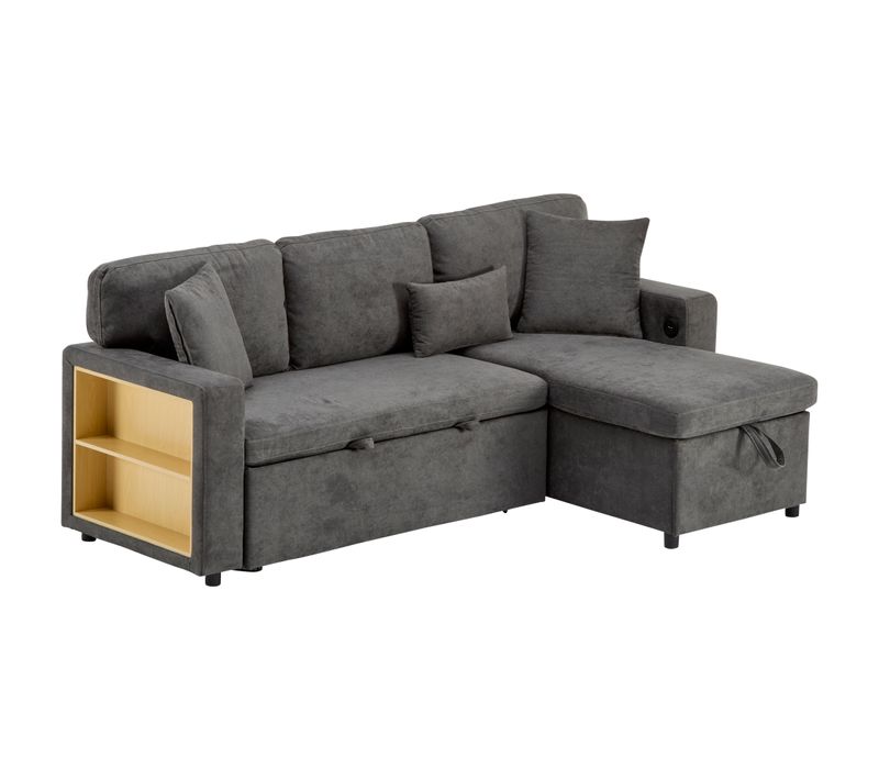 Canapé D’angle Convertible Avec Coffre Et étagère Intégrée - Tissu Oxford Gris Foncé