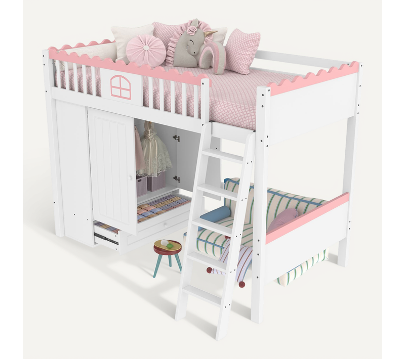 Lit Mezzanine 90x200 Cm Avec Tiroir, Penderie Et éclairage LED, Blanc