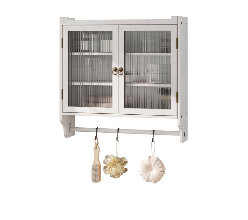 Armoire Murale Vintage, Porte-serviettes, Vitrées, Bois , 3 étagères, Blanc