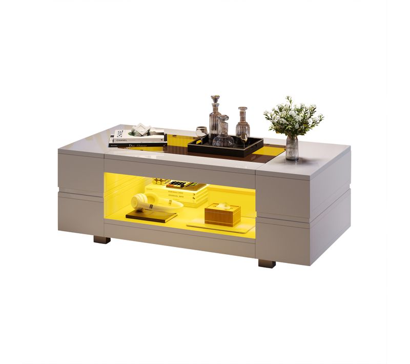 Table Basse Moderne, LED Et Appli Bluetooth, Double Niveau, Plateau Creux Mdf Et Verre Trempé, Blanc