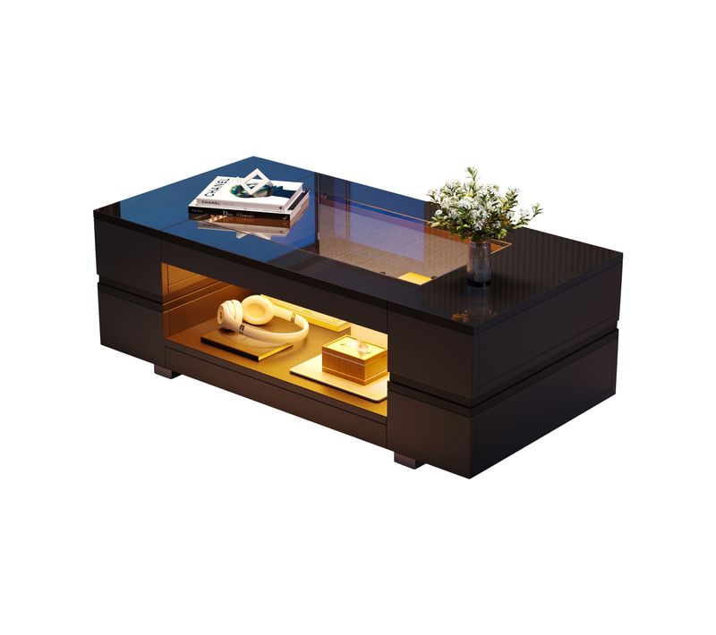 Table Basse Salon Élégante, LED, Bluetooth, Double Plateau, Mdf + Verre Trempé, Noir.