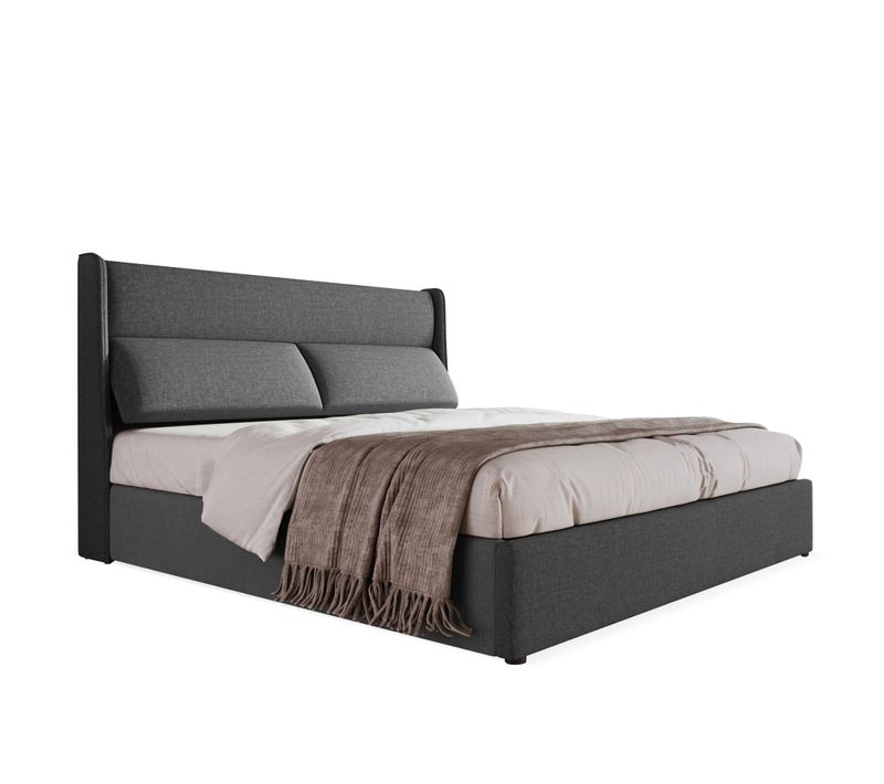 Lit Coffre 140 X 200 Cm - Lit Double Avec Tête De Lit Ajustable - Bois Massif, Lin, Métal - Gris