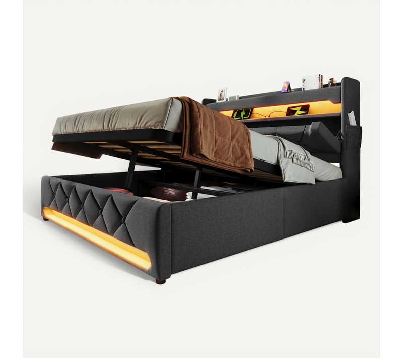 Lit Coffre 140x200 Cm Double Capitonné Moderne Avec LED, USB Type-c, Revêtement Lin Gris