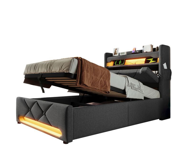 Lit Coffre 90x200 Cm, Lit Simple Capitonné Moderne, LED, Ports USB Type-c, Revêtement Lin, Gris