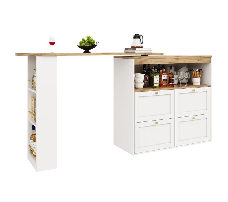 Table Bar Moderne Pivotante 360° - Meuble Bar Avec 4 Tiroirs, Étagères Ouvertes, Mdf Blanc