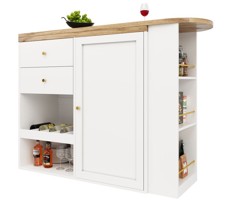 Table Bar Pivotant 360°, Porte Coulissante, 2 Tiroirs Et Étagères Ouvertes, Meuble Bar Mdf, Blanc