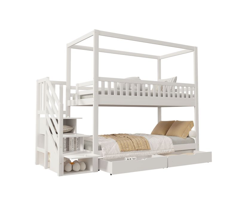 Lit Superposé 90x200 cm Enfant Cabane Avec Échelle Et Rangement, Bois Sécurisé, Blanc
