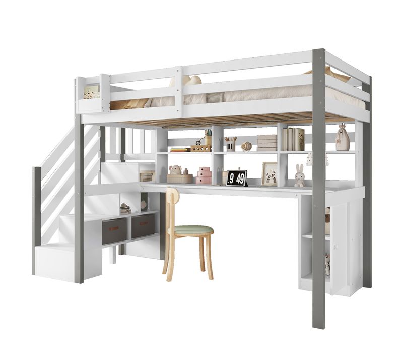 Lit Mezzanine 90x200 Cm Ado Avec Bureau, Rangement, étagères, Pin Et Mdf, Blanc Et Gris