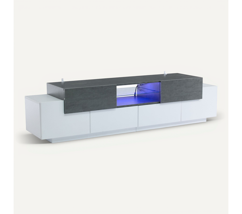 Meuble TV LED, Tiroir, Compartiments, Rangement, Panneau De Particules Et Verre Trempé, Blanc Gris