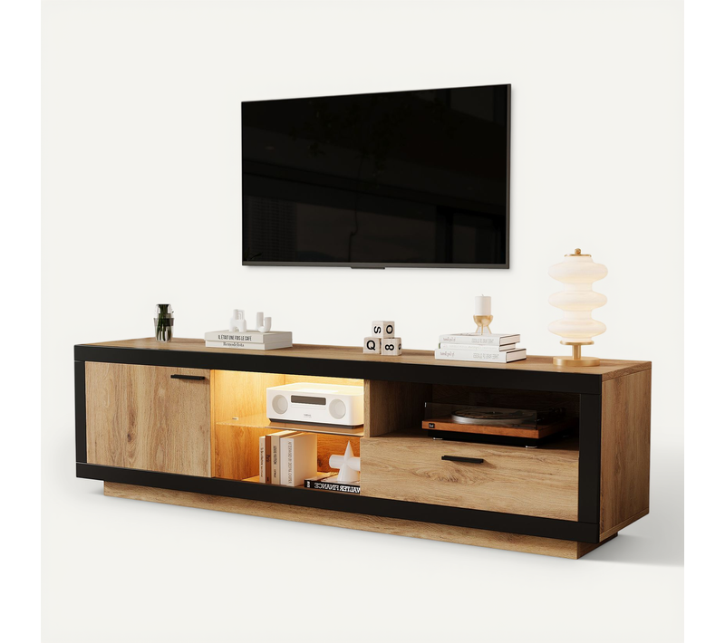 Meuble TV Moderne LED, Tiroir, étagères Verre, TV Jusqu’à 70", Mdf, Chêne Noir