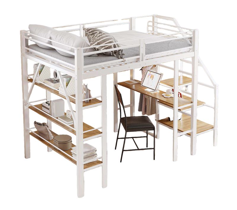 Lit Mezzanine 140x200 Enfant/ado Avec Bureau, Armoire Et étagères, Métal Et Bois, Blanc