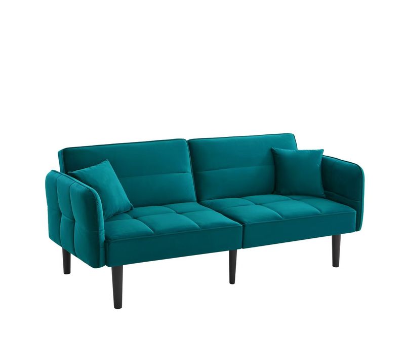 Canapé Droit Convertible 2 Places, Accoudoirs Rabattables, Velours Confortable, Pieds Bois - Vert