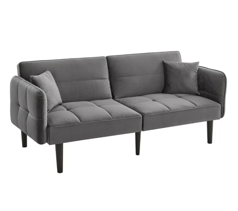 Canapé Droit Convertible 2 Places, Accoudoirs Rabattables, Velours Confortable, Pieds Bois - Gris