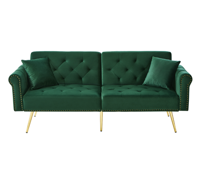 Canapé Droit Convertible 2 Places, Dossier Réglable, Velours Confortable, Pieds Métal - Vert