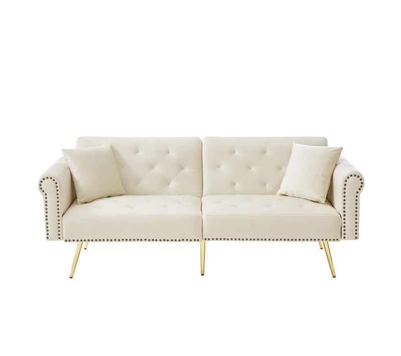 Canapé Droit Convertible 2 Places, Dossier Réglable, Velours Confortable, Pieds Métal - Beige