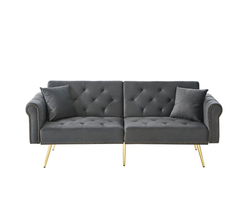 Canapé Droit Convertible 2 Places, Dossier Réglable, Velours Confortable, Pieds Métal - Gris