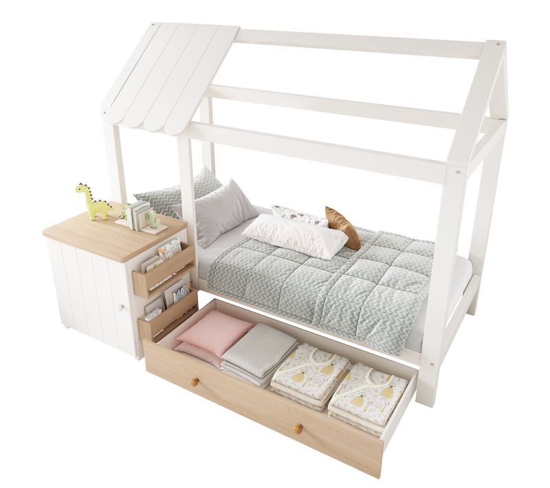 Lit Enfant 90x200 cm Cabane Avec Tiroirs De Rangement Et Table De Chevet, Bois, Blanc/chêne