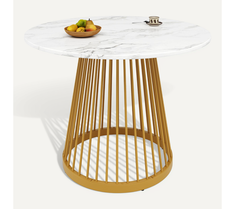 Table à Manger Ronde Avec Plateau Effet Marbre, Mdf Et Pieds Métal Doré – Or Et Blanc