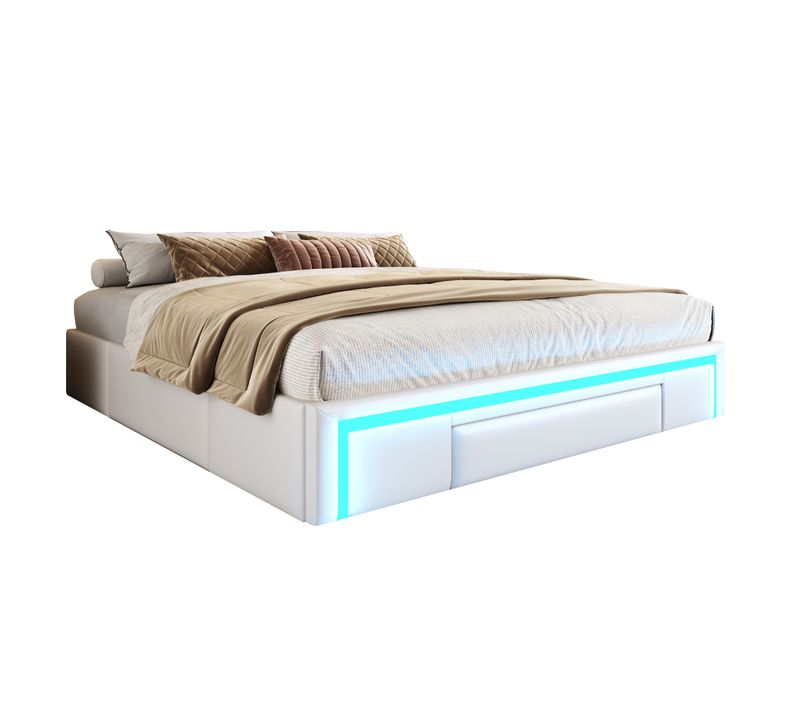 Lit Avec Rangement 180x200 Cm - Lit Double Plateforme Avec 3 Tiroirs Et Bandeau LED - Pu Cuir Beige