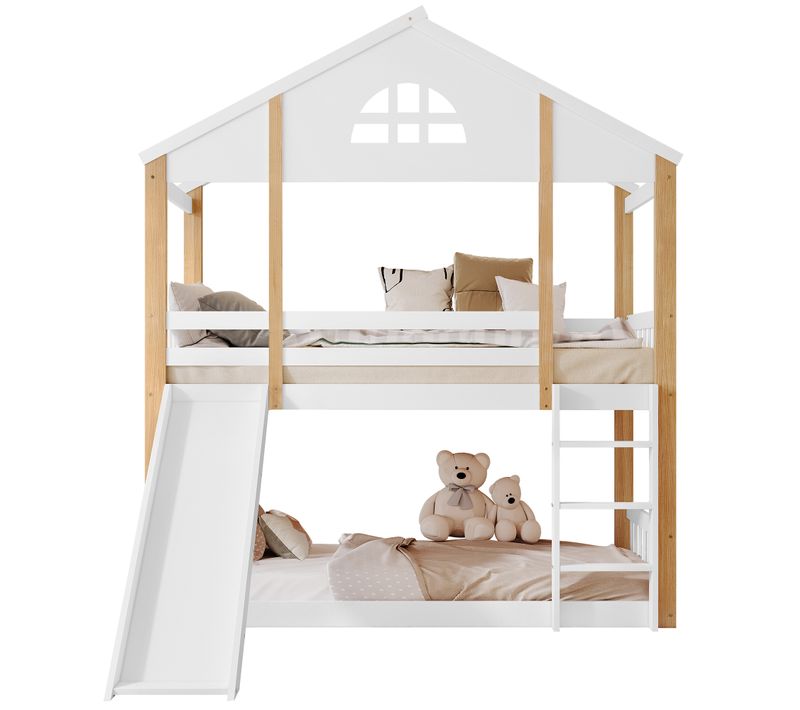 Lit Superposé Cabane Enfant 90x200 Cm, Toboggan, échelle D’angle, Barrière, Pin Mdf, Blanc/bois