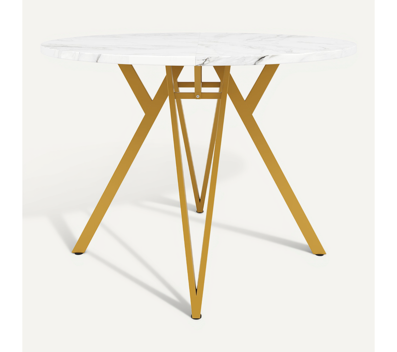 Table Ronde, Plateau Mdf Marbre, Pieds Métal Doré – 4 Pers, Salon Et Cuisine, Or