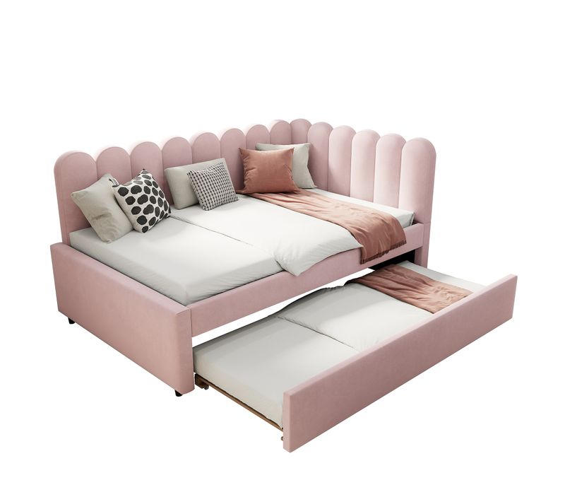 Lit Gigogne 140x200 Cm - Lit Enfant Velours Avec Rangement Et Lit Extensible L-forme, Rose