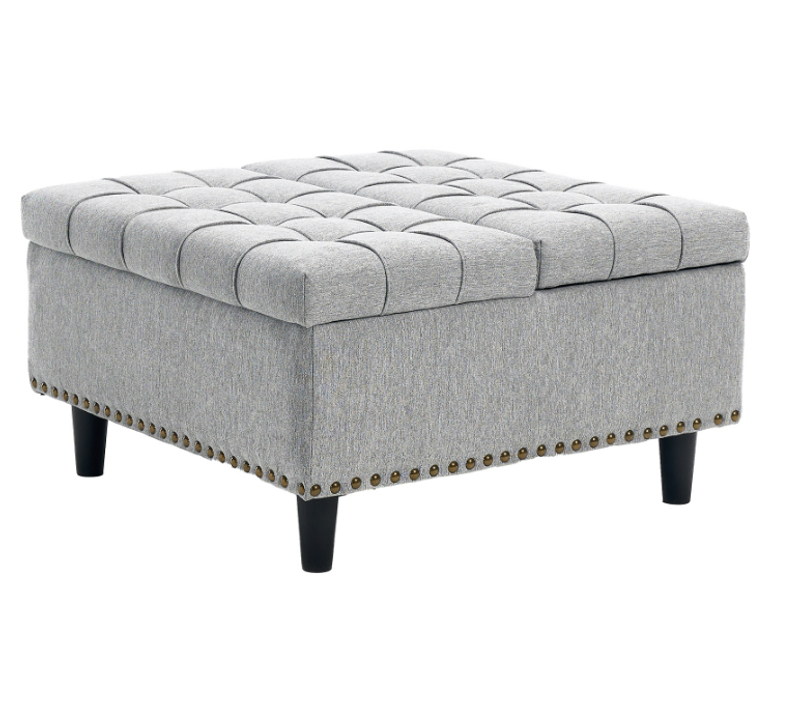 Pouf De Rangement Coffre Carré Grande Capacité Et Assise Confortable En Tissu - Gris