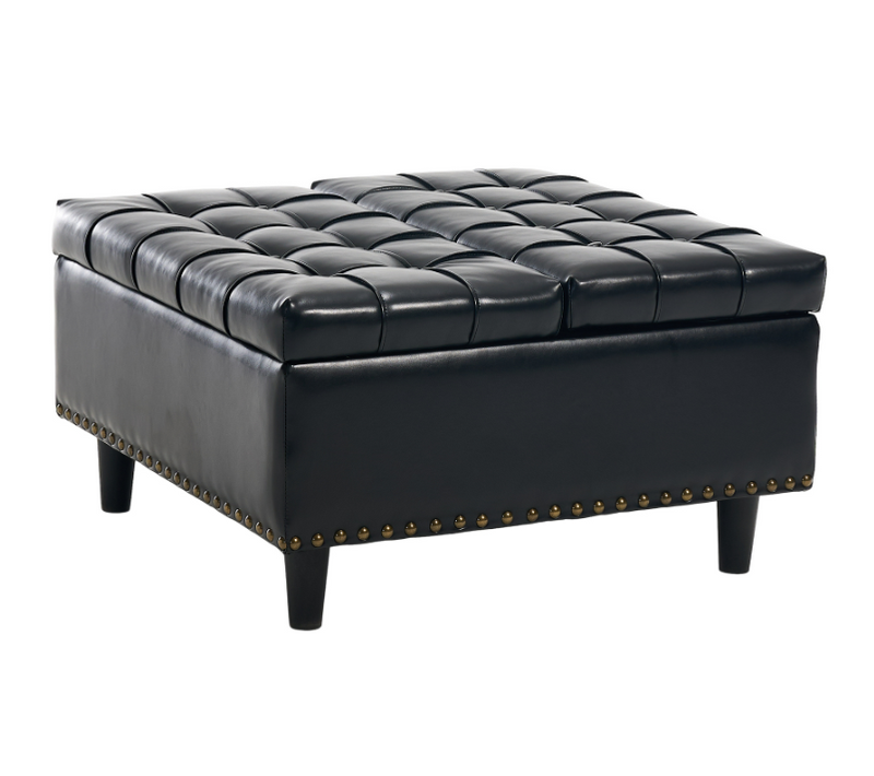 Pouf De Rangement Coffre Carré Grande Capacité Et Assise Confortable En Tissu - Noir