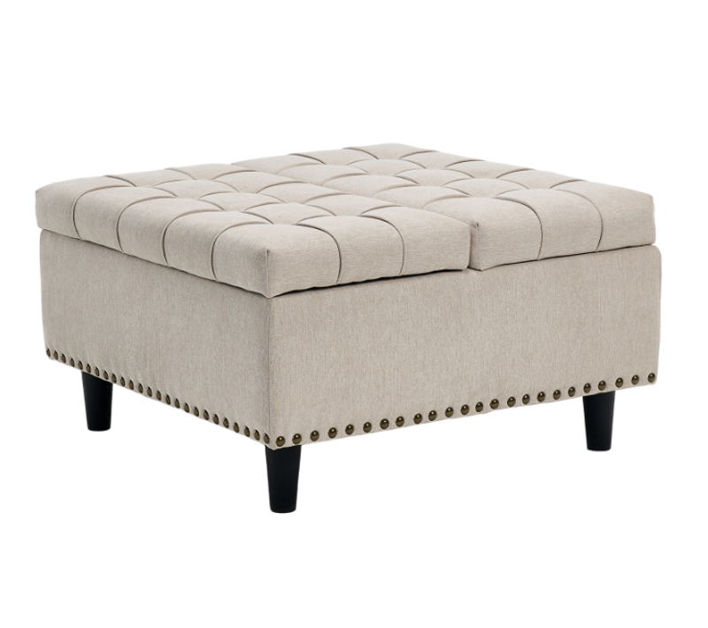 Pouf De Rangement Coffre Carré Grande Capacité Et Assise Confortable En Tissu - Beige
