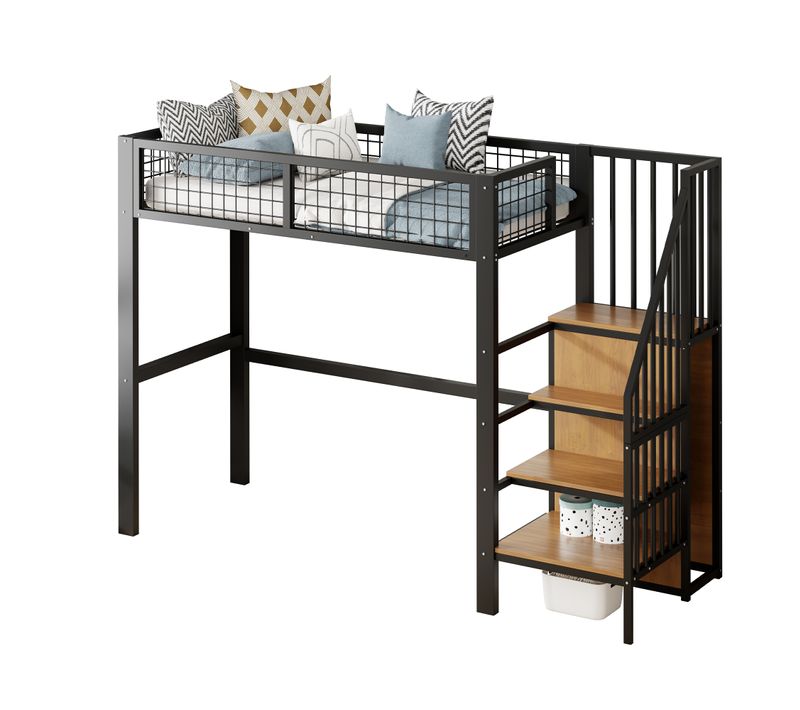 Lit Mezzanine Enfant 90x200 Cm - Rangement, étagères Et Armoire, échelle Sécurisée, Métal Noir