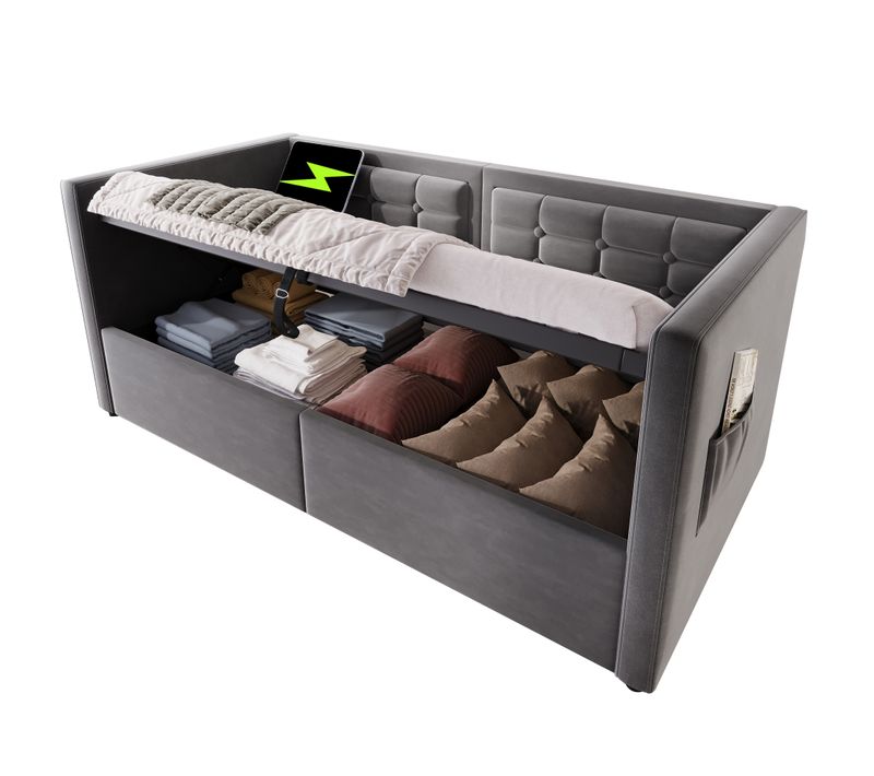 Lit Banquette Coffre 90x190 Cm - Rangement Hydraulique, Recharge USB/type-c, Velours, Gris