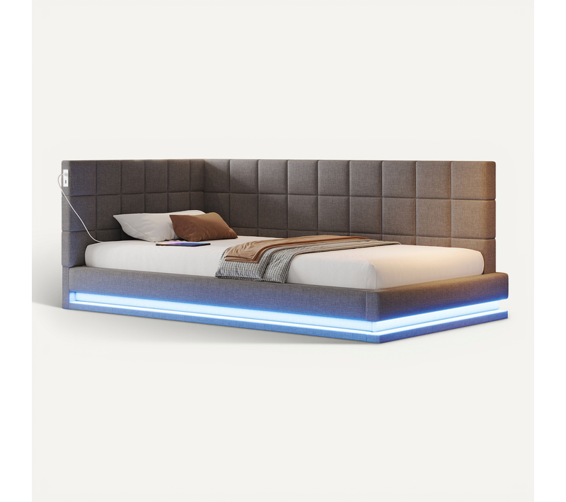 Lit Banquette 90x200 Cm, LED, USB, Dossier Capitonné, Contreplaqué Mdf, Lin Gris