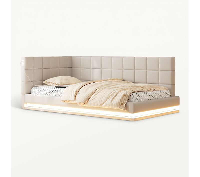 Lit Banquette 90x200 Cm, LED, USB, Dossier Capitonné, Contreplaqué Mdf, Lin Beige