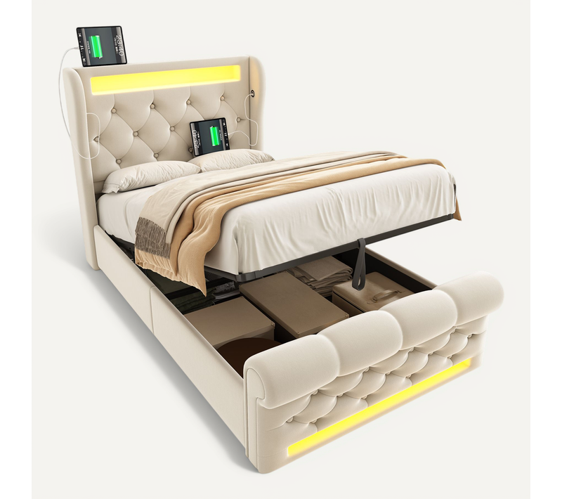 Lit Coffre 90x200 Cm - Lit Simple Avec éclairage LED Et Prises USB/type-c, Velours Beige