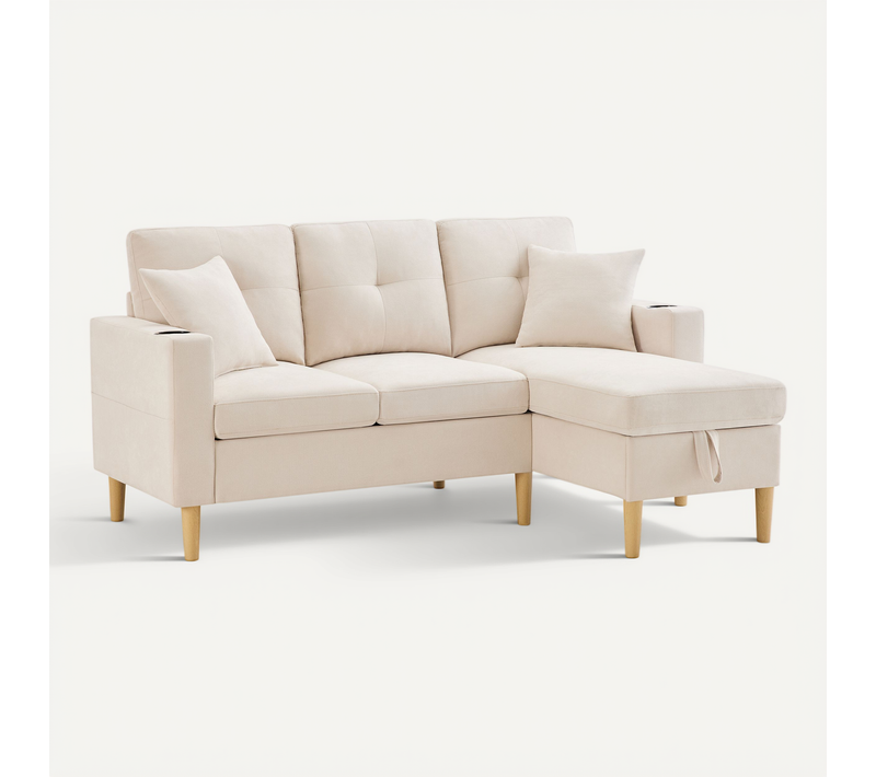 Canapé D'angle 3 Places, Chaiselongue, Rangement, Porte-gobelets, Tissu Coton-lin - Beige